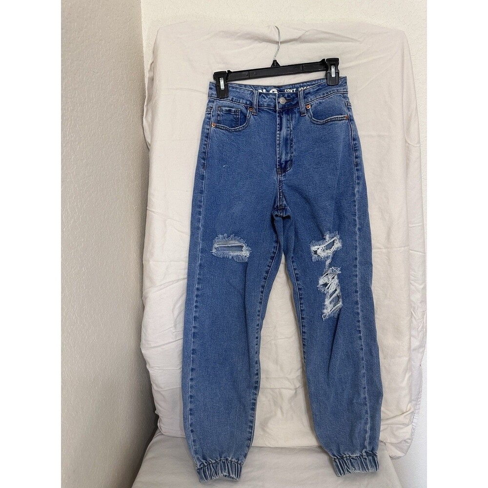 S.O.N.G. Distressed Jogger Women's Blue Denim Jeans 5-Pocket Elastic Cuffs